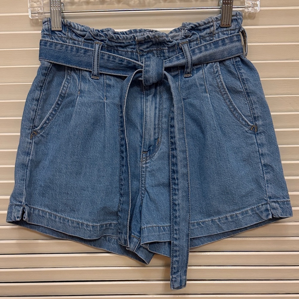 American Eagle Outfitters Paperbag High-Waist Denim Shorts - Light Blue, Size 0